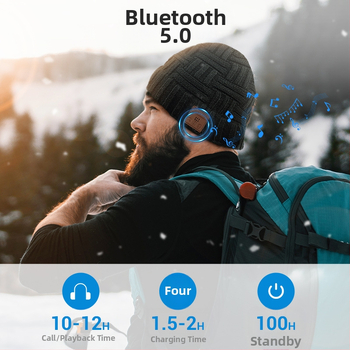 Безжична Bluetooth шапка с вградени слушалки, двуканално стерео, Bluetooth 5.0, обхват 15 м, живот на батерията над 8 ч