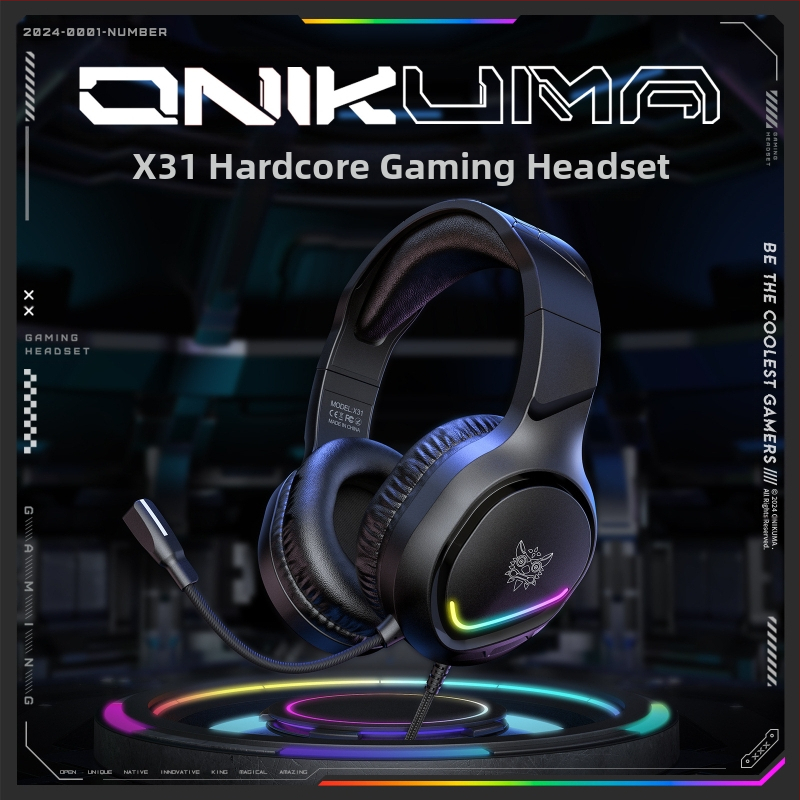ONIKUMA X31 жично гейминг хедсет – модел X31, марка ONIKUMA, издаден през 2024 г.; комплект съдържа слушалки, ръководство и адаптер