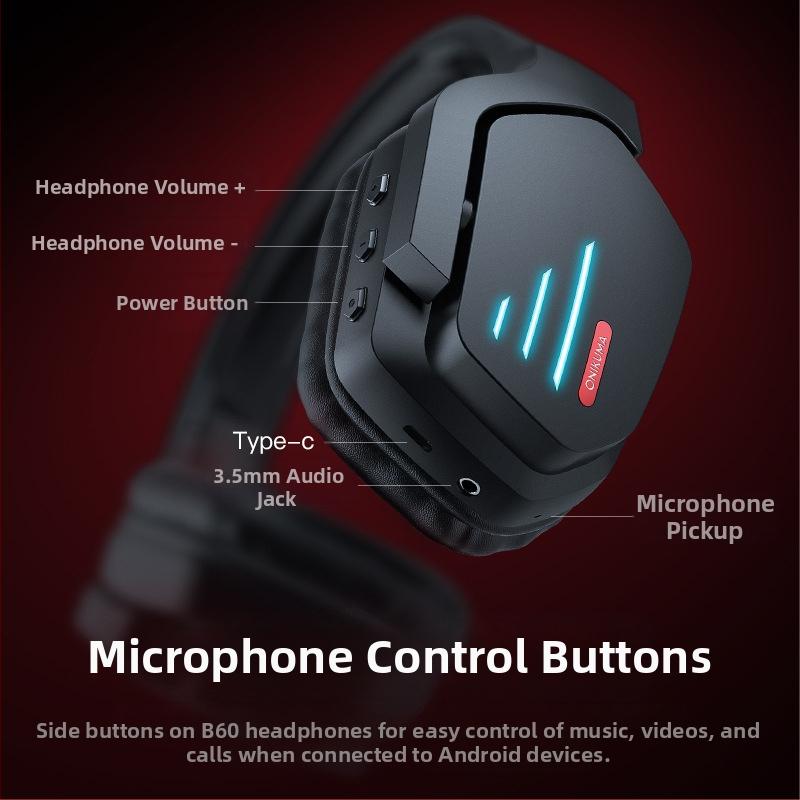 ONIKUMA B60 Bluetooth слушалки за игри, шумопотискане, безжичен стерео звук, LED осветление, батерия над 8 часа