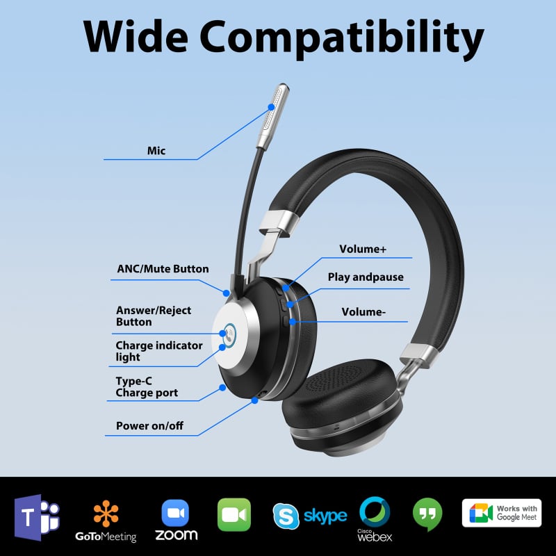 Vonztek BT-882M-ANC vezeték nélküli fejhallgató otthoni irodai használatra, aktív zajszűrés, 40 mm meghajtók, beépített mikrofon