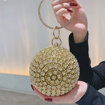 Okrugla večernja clutch torbica od PU kože s prstenom posutim dijamantima, poliester podstava, zaključavanje