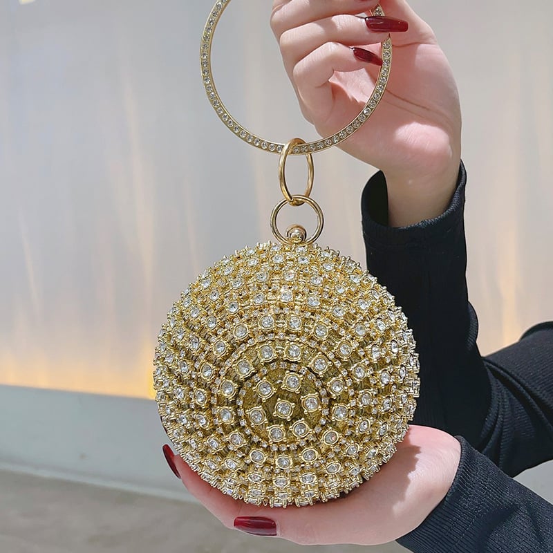 Okrugla večernja clutch torbica od PU kože s prstenom posutim dijamantima, poliester podstava, zaključavanje