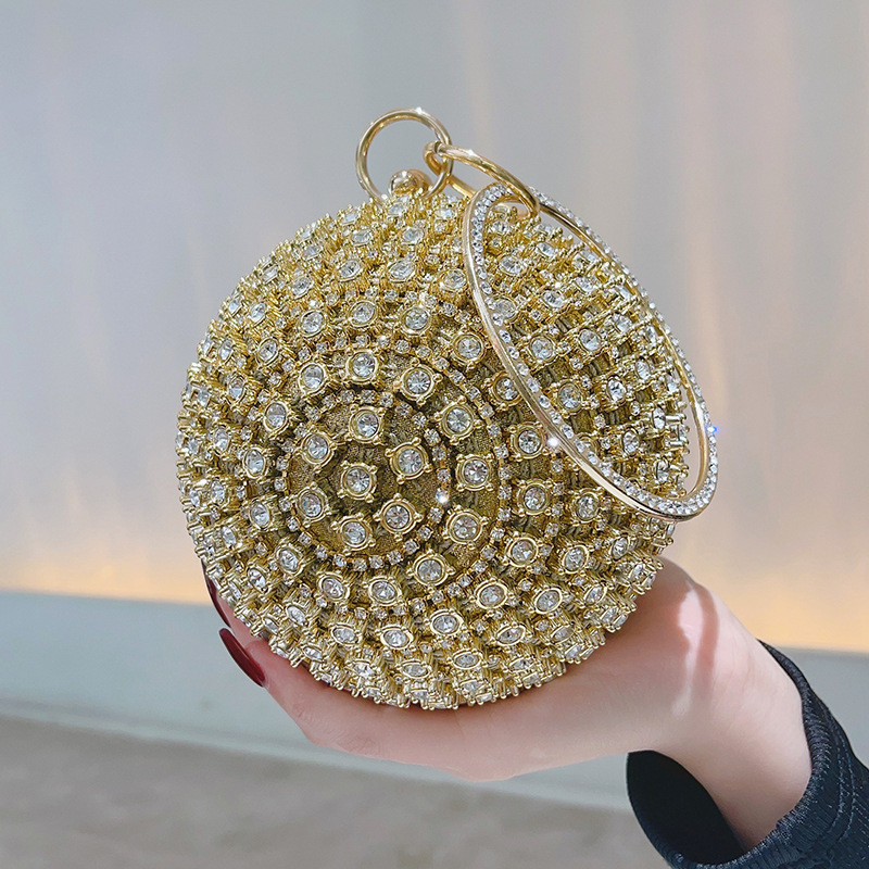Okrugla večernja clutch torbica od PU kože s prstenom posutim dijamantima, poliester podstava, zaključavanje