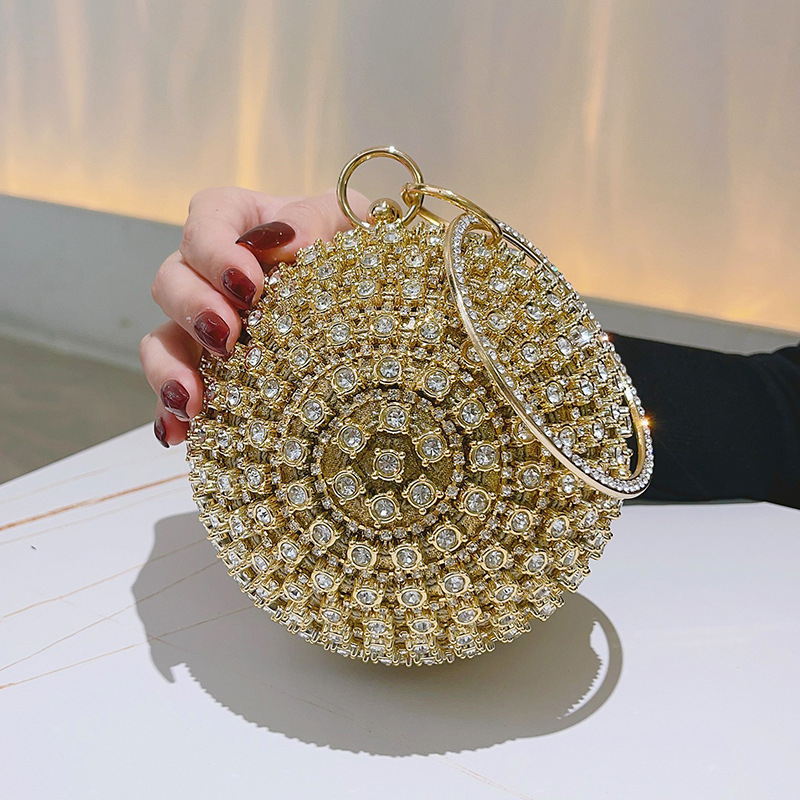 Okrugla večernja clutch torbica od PU kože s prstenom posutim dijamantima, poliester podstava, zaključavanje