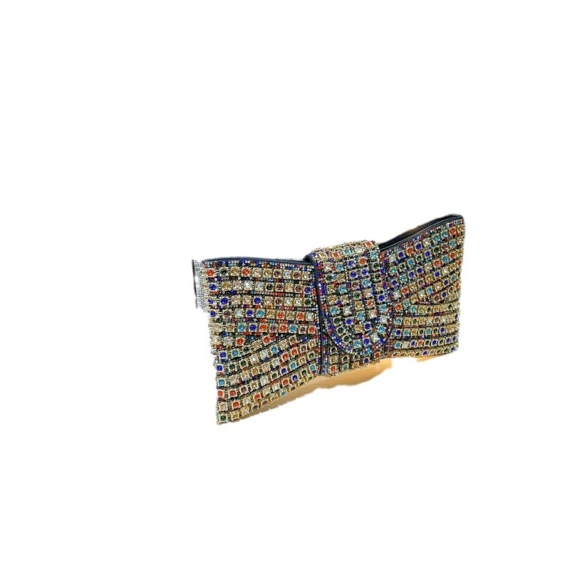 Clutch în formă de fundă, decor cu diamante, închidere cu șnur, buzunare pentru telefon și card de identificare, curea cu un singur lanț