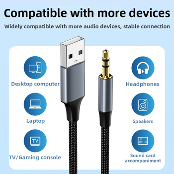 USB към 3.5 мм аудио кабел за PC – никелирано покритие, нейлоново ядро, медни проводници, тегло 0.03 кг