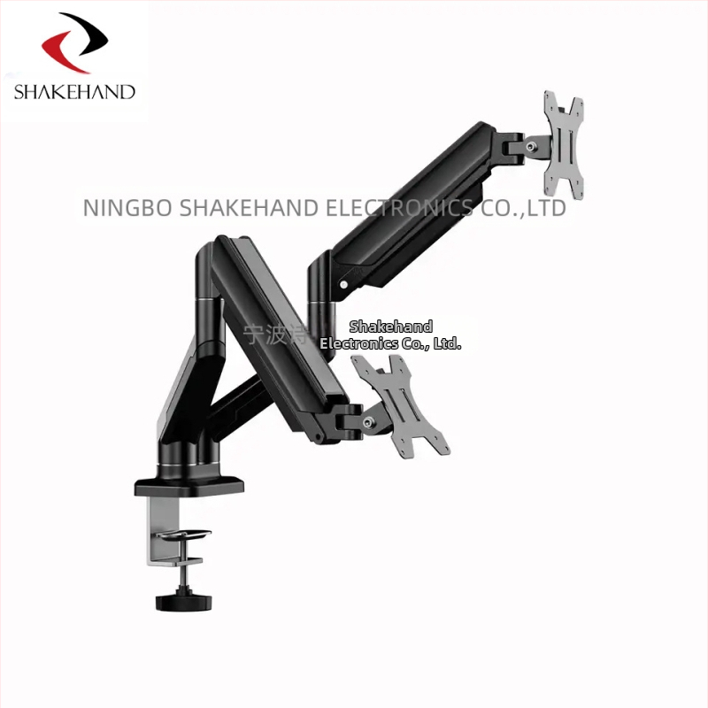 Алуминиева мониторна стойка с двойно рамо и газова пружина, телескопично повдигане и въртене; тегло 3.88 кг