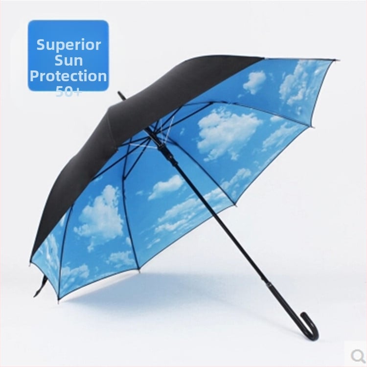 Digitālais lietussargs ar debess un mākoņu rakstu, taisnais kāts, automātiska atvēršana, 8 ribas, tērauda rāmis, gumijas rokturis, UV aizsardzība UPF50+