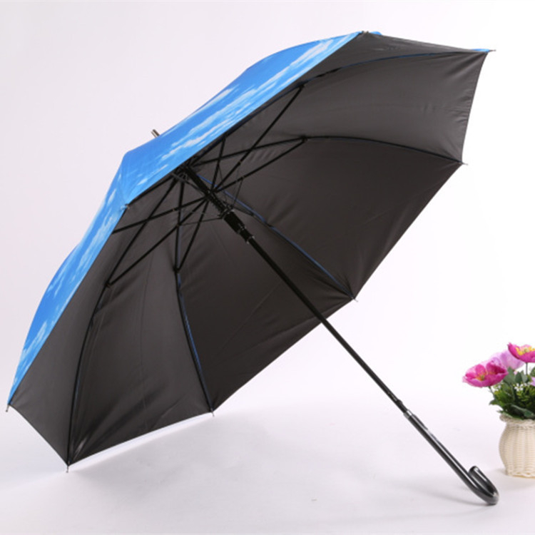 Skaitmeninio spaudinimo skėtis su dangaus ir debesų raštu, tiesus lazdelės skėtis, automatinis atidarymas, 8 skersinės, plieninis rėmas, guminė rankena, UV50+ apsauga