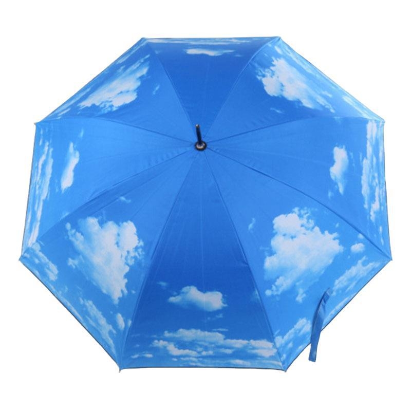 Skaitmeninio spaudinimo skėtis su dangaus ir debesų raštu, tiesus lazdelės skėtis, automatinis atidarymas, 8 skersinės, plieninis rėmas, guminė rankena, UV50+ apsauga
