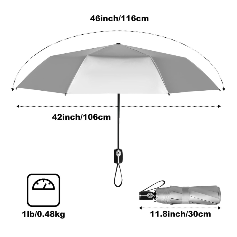 Minimalistinis sulankstomas skėtis su geležine rankena, rankinis atidarymas uždarymas, UV apsauga UPF 40+, logotipo spauda.