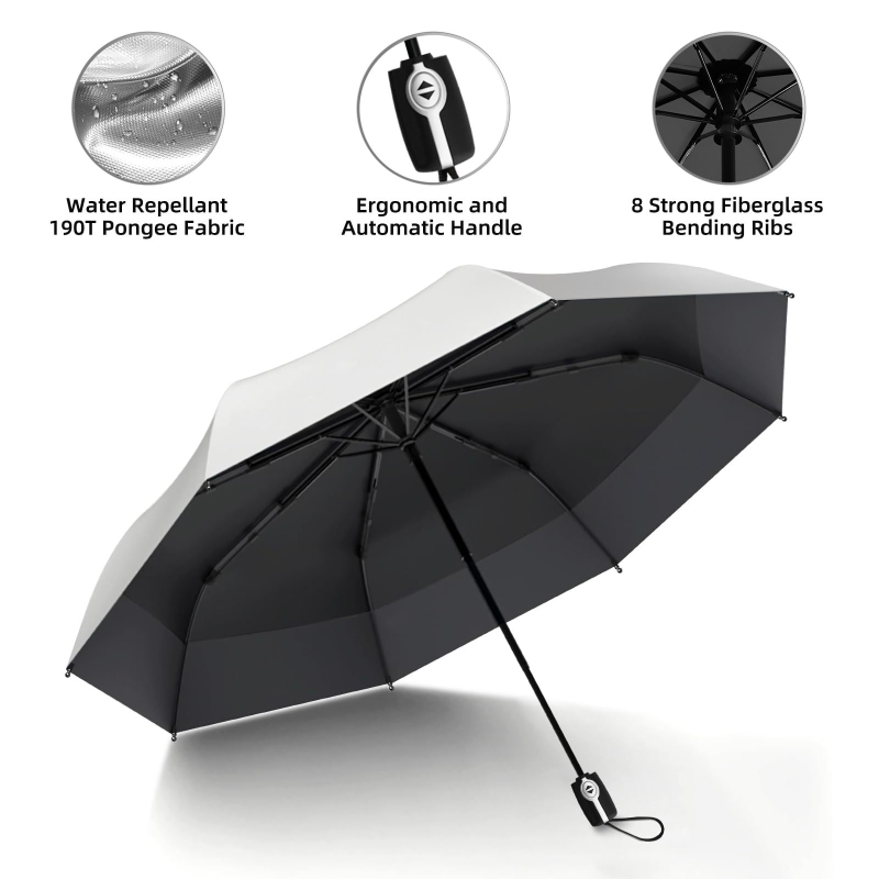 Minimalistinis sulankstomas skėtis su geležine rankena, rankinis atidarymas uždarymas, UV apsauga UPF 40+, logotipo spauda.