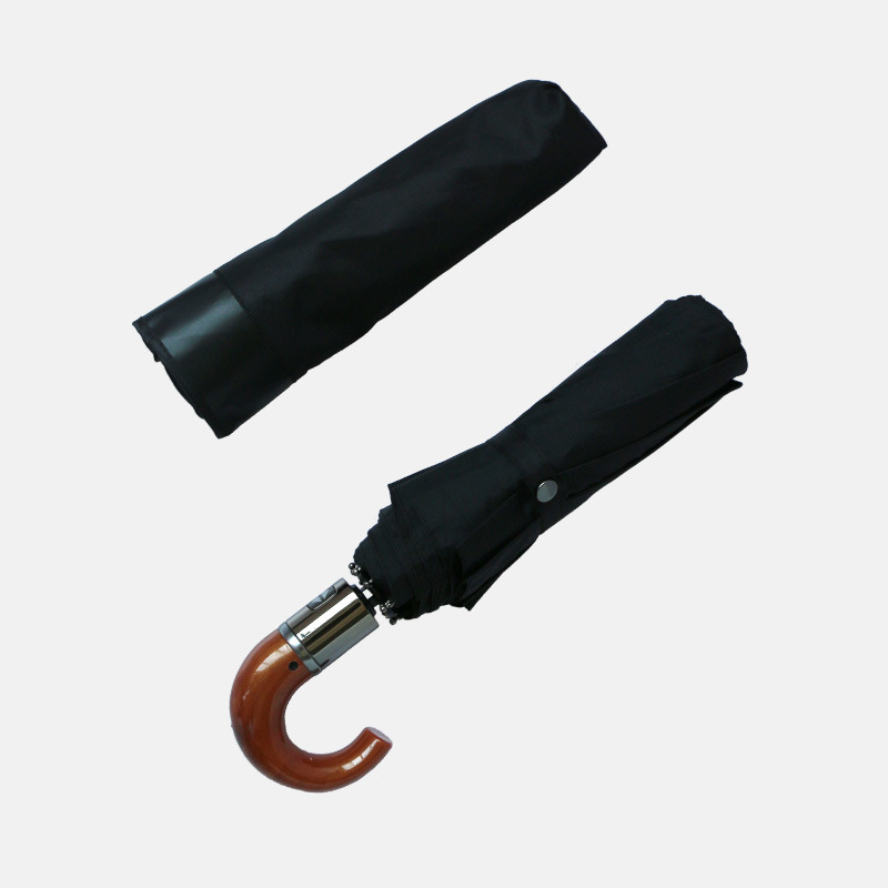 10-ribinis vėjo atsparus automatinis skėtis su išlenkta medine rankena, sulankstomas, saulės ir lietaus dviguba naudojimas