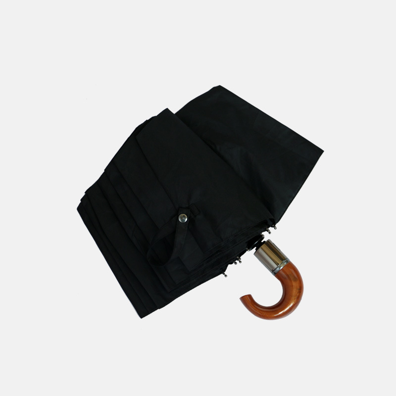 10-ribinis vėjo atsparus automatinis skėtis su išlenkta medine rankena, sulankstomas, saulės ir lietaus dviguba naudojimas