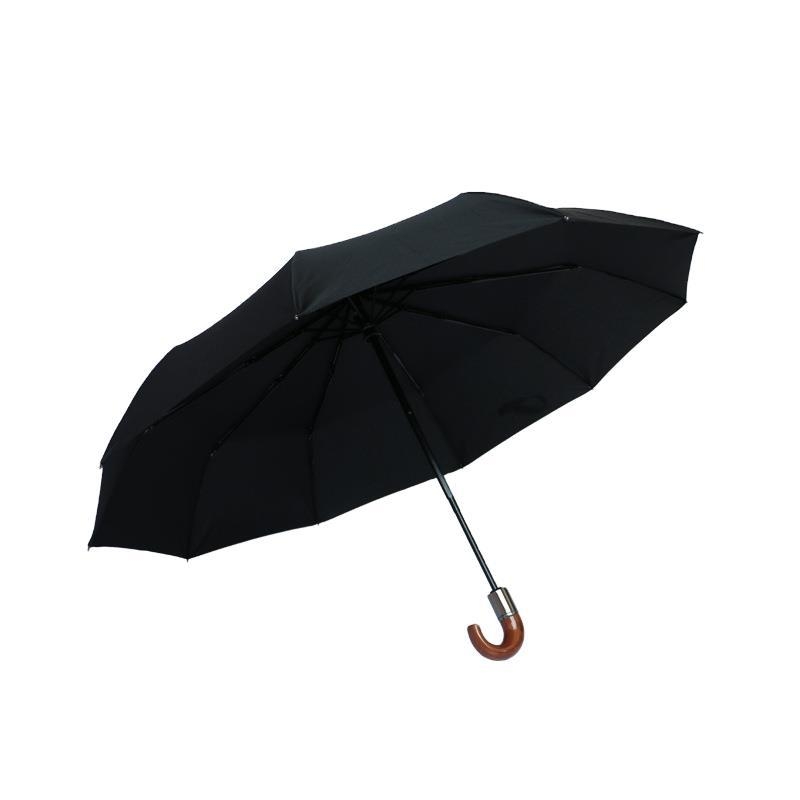 10-ribinis vėjo atsparus automatinis skėtis su išlenkta medine rankena, sulankstomas, saulės ir lietaus dviguba naudojimas