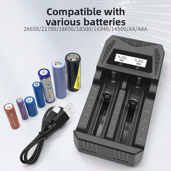 Двоен USB зарядно устройство за батерии с USB Type-C интерфейс, интелигентно зареждане за AA/AAA и батерии 18650/26650/21700/14500/16340/18500/16650; вход DC5.0V; изходи 4.2V 1A и 1.2V 1A.