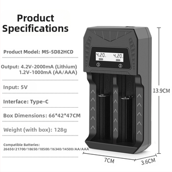 Двоен USB зарядно устройство за батерии с USB Type-C интерфейс, интелигентно зареждане за AA/AAA и батерии 18650/26650/21700/14500/16340/18500/16650; вход DC5.0V; изходи 4.2V 1A и 1.2V 1A.