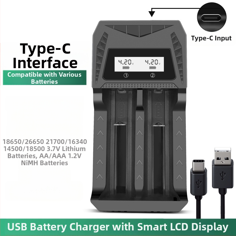 Двоен USB зарядно устройство за батерии с USB Type-C интерфейс, интелигентно зареждане за AA/AAA и батерии 18650/26650/21700/14500/16340/18500/16650; вход DC5.0V; изходи 4.2V 1A и 1.2V 1A.