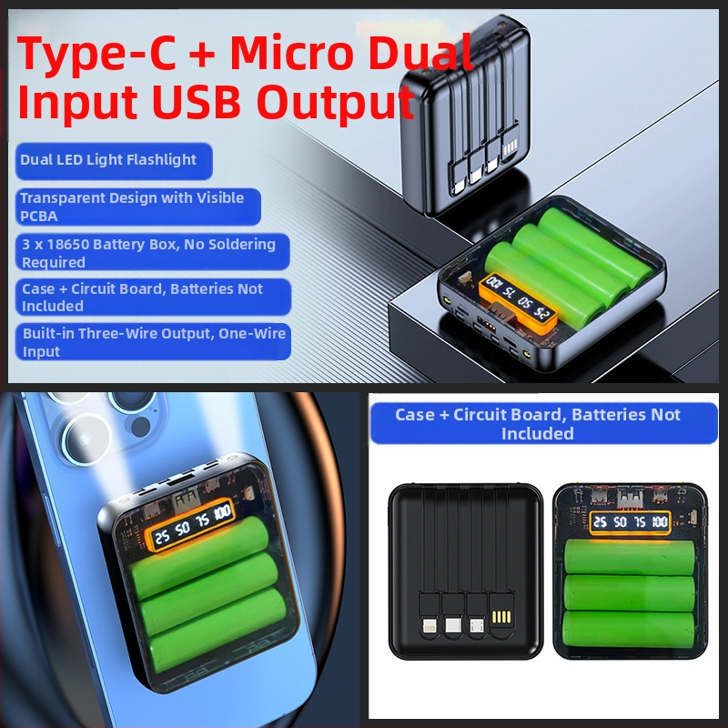 Διαφανές power bank χωρίς συγκόλληση για 3x18650 κυψέλες με ενσωματωμένο καλώδιο φόρτισης