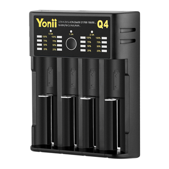 4-слотов независим USB зарядник за литиев батерии 18650/21700/26650 — вход 5V2A, изходи на всеки слот 4.2V (2A/1A/0.5A/0.5A), серия Q4, CE/FCC/ROHS