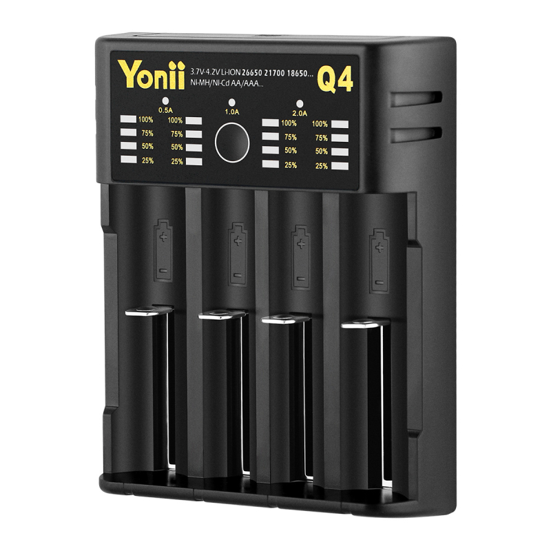 4-слотов независим USB зарядник за литиев батерии 18650/21700/26650 — вход 5V2A, изходи на всеки слот 4.2V (2A/1A/0.5A/0.5A), серия Q4, CE/FCC/ROHS