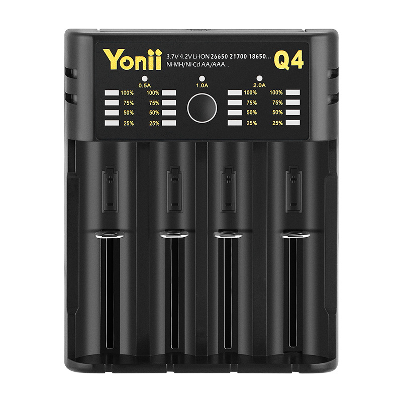 4-слотов независим USB зарядник за литиев батерии 18650/21700/26650 — вход 5V2A, изходи на всеки слот 4.2V (2A/1A/0.5A/0.5A), серия Q4, CE/FCC/ROHS