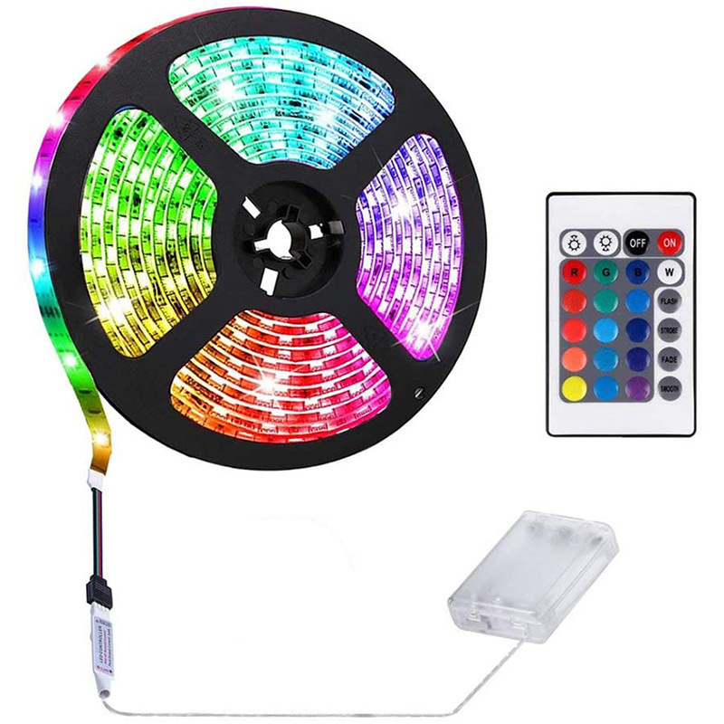RGB LED juosta su 24 mygtukų IR nuotolinio valdymo ir baterijų dėžute, 5V, 30/60 LED, 120° spindulio kampas, vidaus atmosferinis apšvietimas