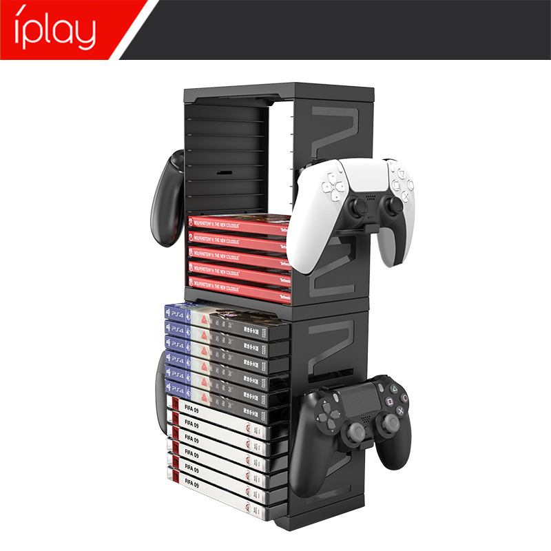 Stalak za disc igre s držačem za kontrolere — univerzalno za PS4/PS5, Switch i Xbox; model HBS-259; materijal ABS; težina 571 g; pričvršćivanje: klips