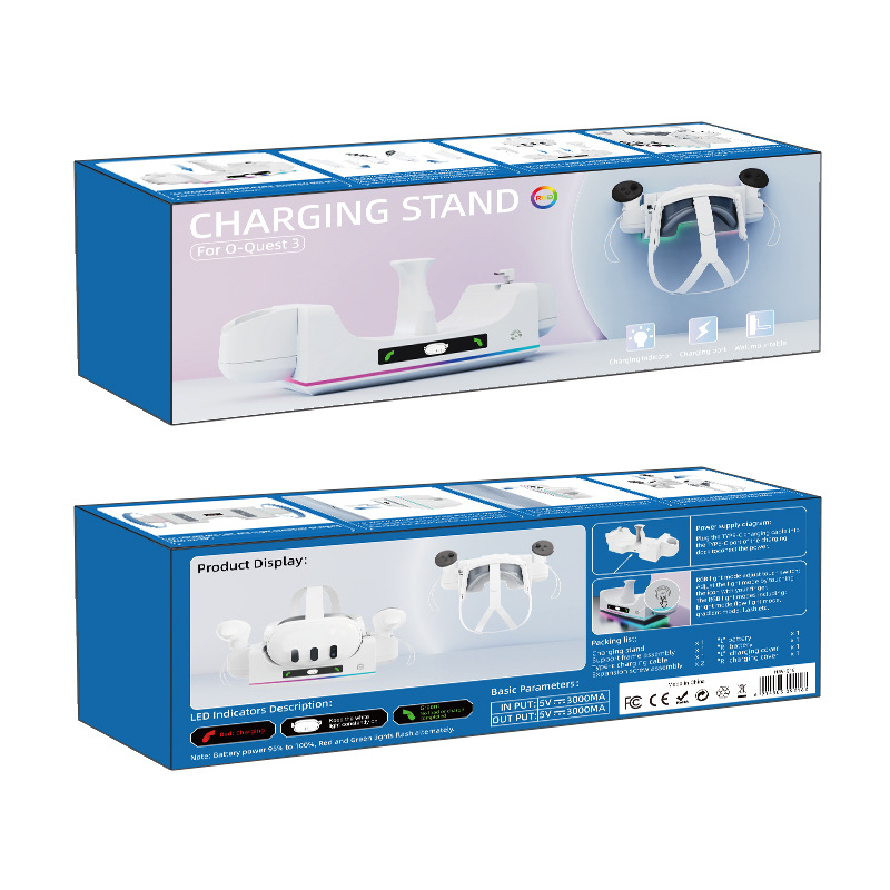 Bază de încărcare pentru controllerele VR Meta Quest 3S/Quest 3, montare pe perete, cablu USB-C inclus, indicator RGB, corp ABS