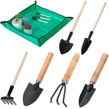 7 dalių sodo įrankių rinkinys su sulankstomu vandeniui atspariu transplantacijos kilimėliu