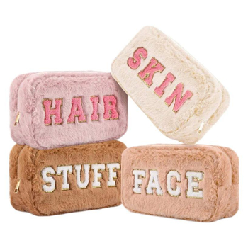 Τσάντα μακιγιάζ από συνθετική γούνα κουνελιού, κεντημένο γράμμα, θήκη για πινέλα, Unisex, Street Fashion, Καλοκαίρι 2023