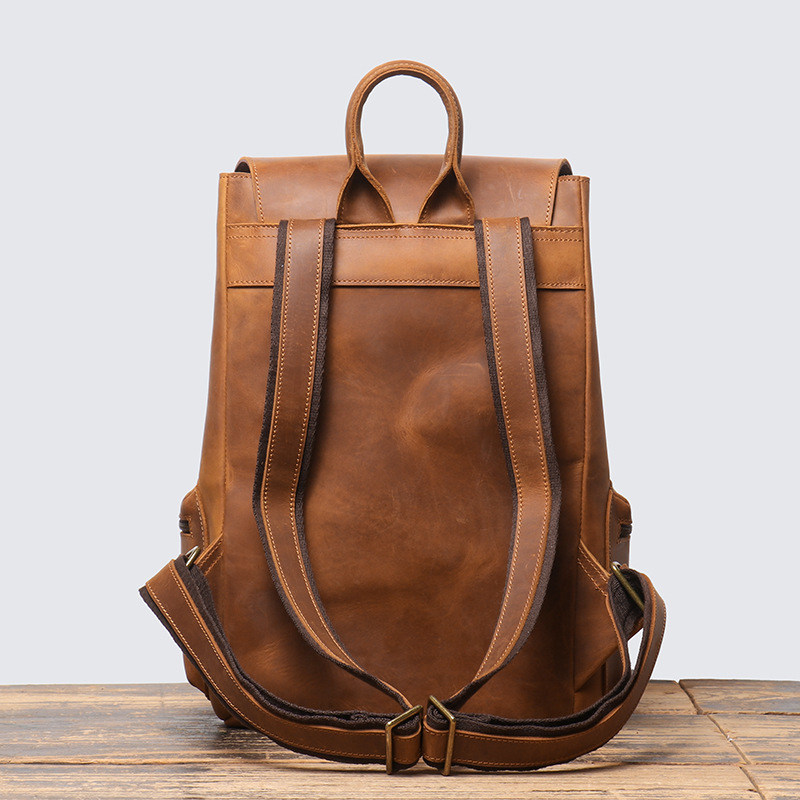 Унисекс раница от първокласна телешка кожа, ретро стил, капацитет под 20 л, подходяща за 15-инчов лаптоп, извит рамен ремък