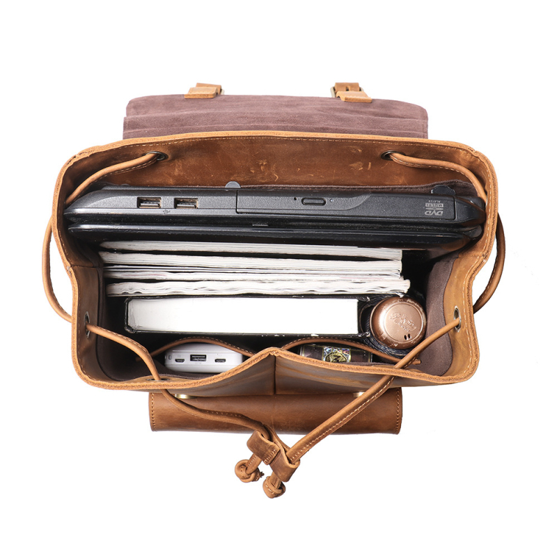 Унисекс раница от първокласна телешка кожа, ретро стил, капацитет под 20 л, подходяща за 15-инчов лаптоп, извит рамен ремък