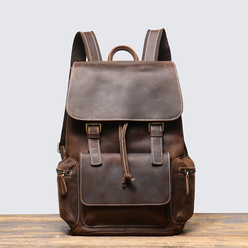 Унисекс раница от първокласна телешка кожа, ретро стил, капацитет под 20 л, подходяща за 15-инчов лаптоп, извит рамен ремък