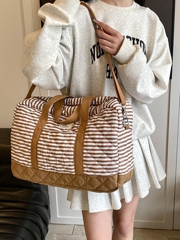 Γυναικεία tote τσάντα, μεγάλη χωρητικότητα, ελαφριά, καπιτονέ βαμβάκι-λινό, ριγέ σχέδιο, καμπύλη ιμάντας ώμου