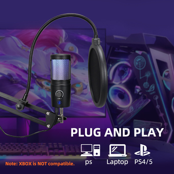 GB2020 RGB πυκνωτικό μικρόφωνο USB σετ με Bluetooth 5.0, καρδιοειδές pickup, φάσμα 100Hz-20kHz, SNR ≥75dB