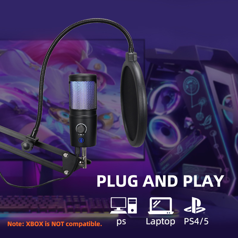 GB2020 RGB πυκνωτικό μικρόφωνο USB σετ με Bluetooth 5.0, καρδιοειδές pickup, φάσμα 100Hz-20kHz, SNR ≥75dB