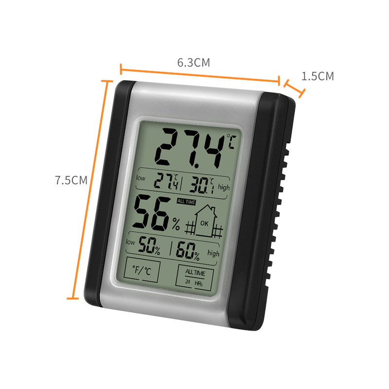 Elektroninis termometras-higrometras su jutikliniu mygtuku — vidaus naudojimui, CR2032 baterija