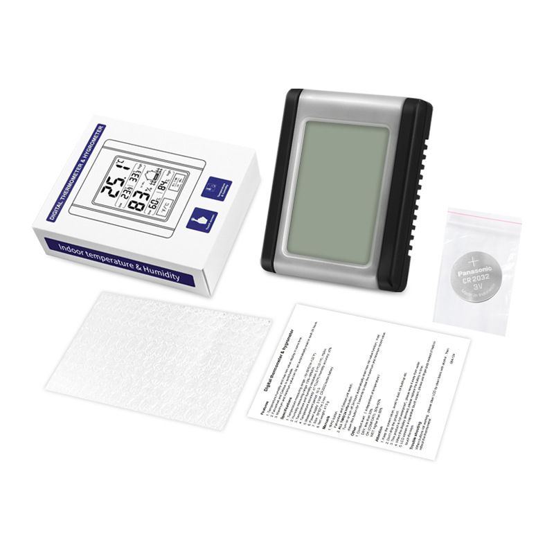 Elektroninis termometras-higrometras su jutikliniu mygtuku — vidaus naudojimui, CR2032 baterija