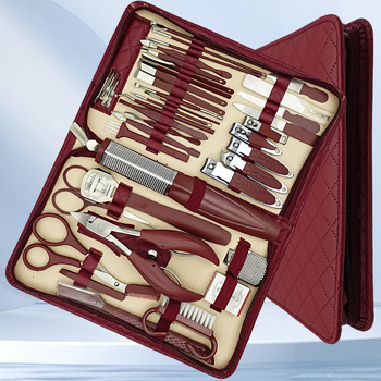 Körömápolási eszközkészlet manikűrhöz és pedikűrhöz: körömvágó, körömágycsík-csipesz, szemöldök-kés, lábreszelő és többfunkciós csipesz – szénacél, rozsdamentes acél és műanyag