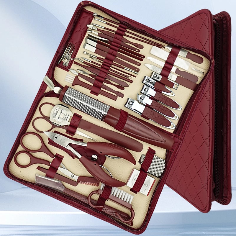 Körömápolási eszközkészlet manikűrhöz és pedikűrhöz: körömvágó, körömágycsík-csipesz, szemöldök-kés, lábreszelő és többfunkciós csipesz – szénacél, rozsdamentes acél és műanyag