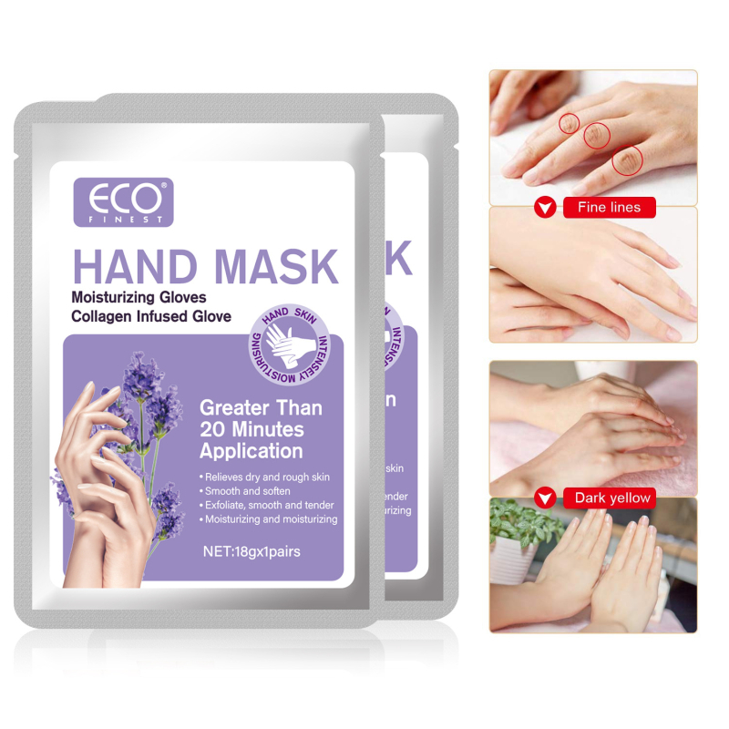 Лавандова маска за ръце – аминокиселини, лавандово етерично масло, натриев хиалуронат; тънък лист; нето съдържание: 18; Ефективност: овлажняваща, хидратираща, изсветлява тена на кожата