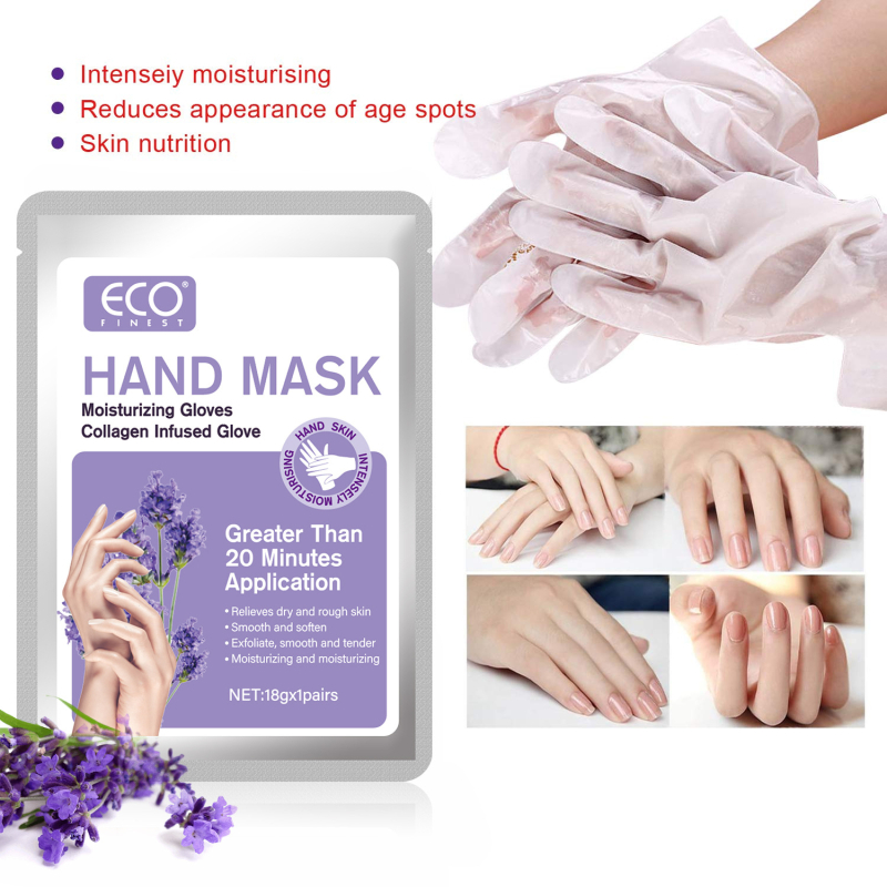 Лавандова маска за ръце – аминокиселини, лавандово етерично масло, натриев хиалуронат; тънък лист; нето съдържание: 18; Ефективност: овлажняваща, хидратираща, изсветлява тена на кожата