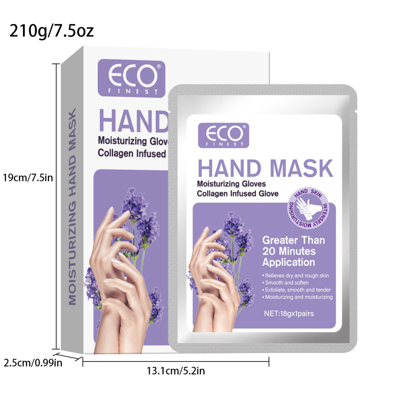 Лавандова маска за ръце – аминокиселини, лавандово етерично масло, натриев хиалуронат; тънък лист; нето съдържание: 18; Ефективност: овлажняваща, хидратираща, изсветлява тена на кожата