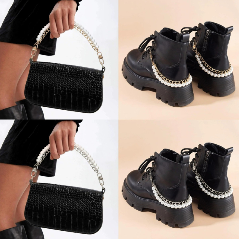 Krepšio dirželis su metaline įranga, dviguba perlų grandinė, gaivus ir saldus stilius, vienos spalvos, 2024 m. pavasaris