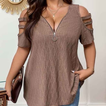 Дамска тениска с открито рамо и цип, V-образно деколте, къс ръкав, свободна кройка, полиестер-еластанова смес