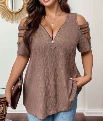 Γυναικεία T‑shirt με ανοιχτό ώμο, φερμουάρ, V-λαιμό, κοντό μανίκι, χαλαρή γραμμή, πολυεστέρα-ελαστάν