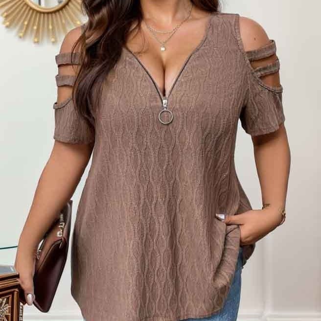 Дамска тениска с открито рамо и цип, V-образно деколте, къс ръкав, свободна кройка, полиестер-еластанова смес