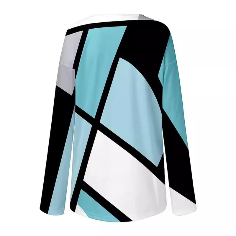 Sieviešu garā piedurkņu T-krekls no milk silk ar ģeometrisku rakstu, V kakls, brīvs piegriezums