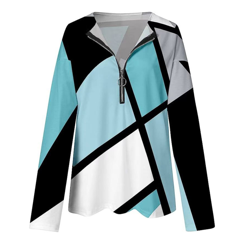 Sieviešu garā piedurkņu T-krekls no milk silk ar ģeometrisku rakstu, V kakls, brīvs piegriezums